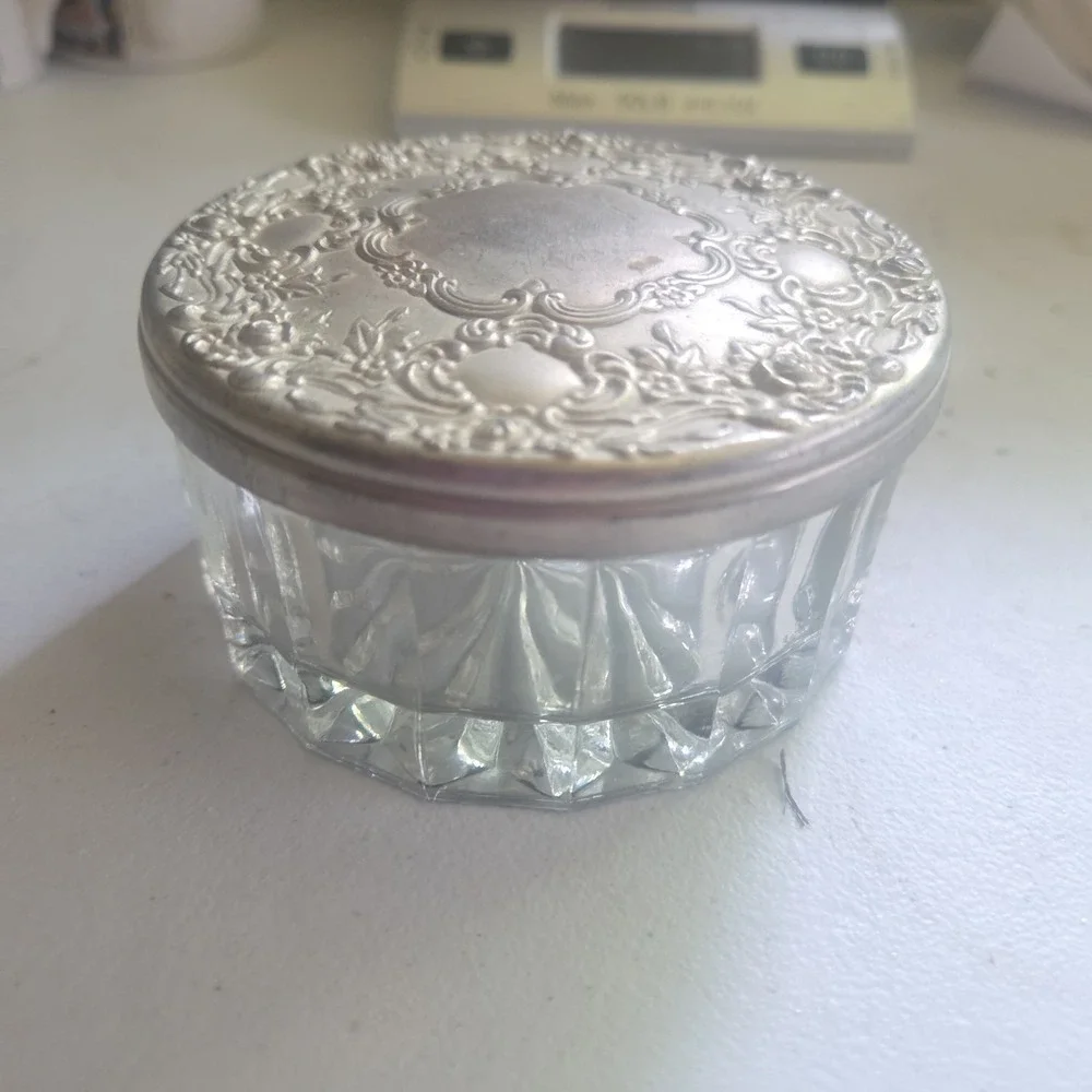 Vintage Glass Powder Jar Silver Plated Embossed Lid Vanity Trinket Box Mirror